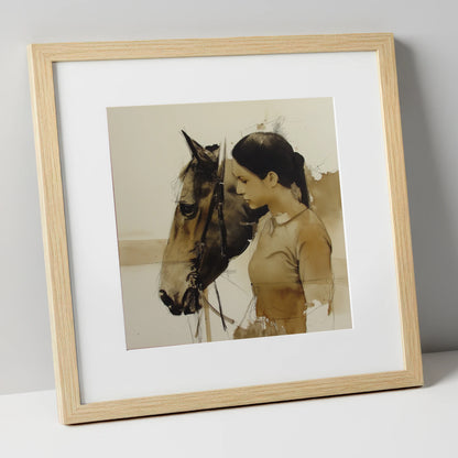 Unspoken Harmony horse & rider art print in natural frame