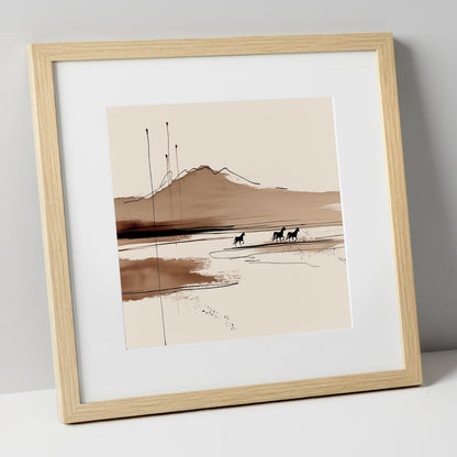 Sepia Equine Horizon horse landscape art print in natural frame