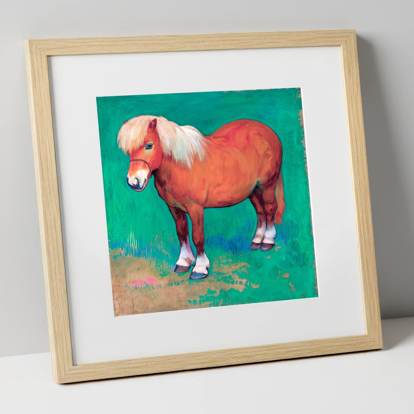 Emerald Chestnut Pony horse breed art print in natural frame