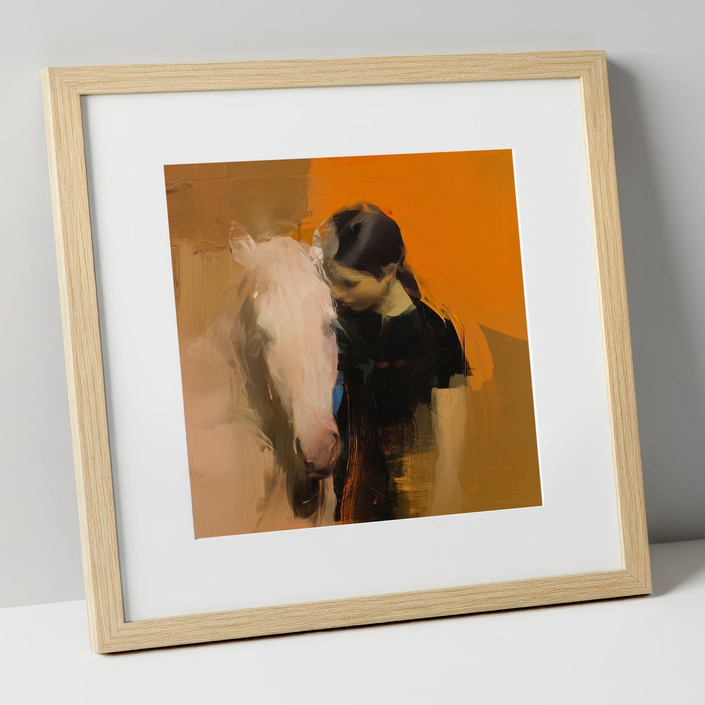 Unspoken Bond horse & rider art print in natural frame