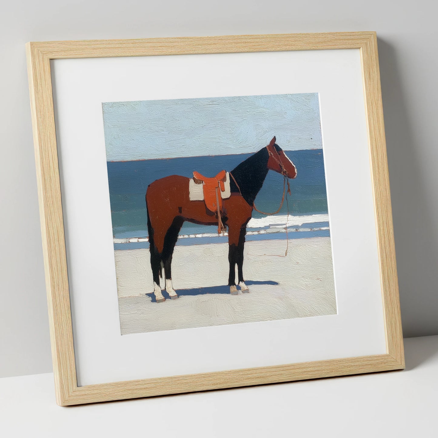 Waiting by the Tide horse landscape art print in natural frame