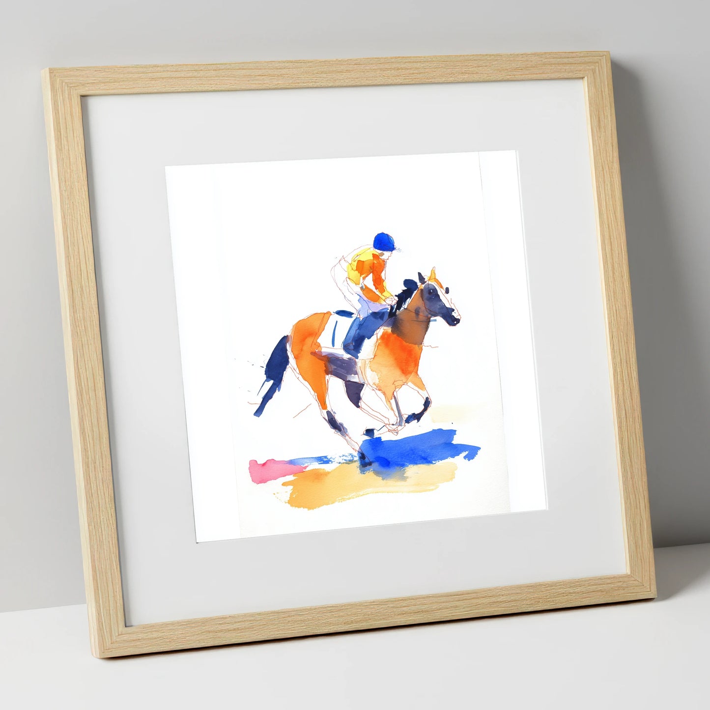 Vivid Gallop racing horse art print in natural frame