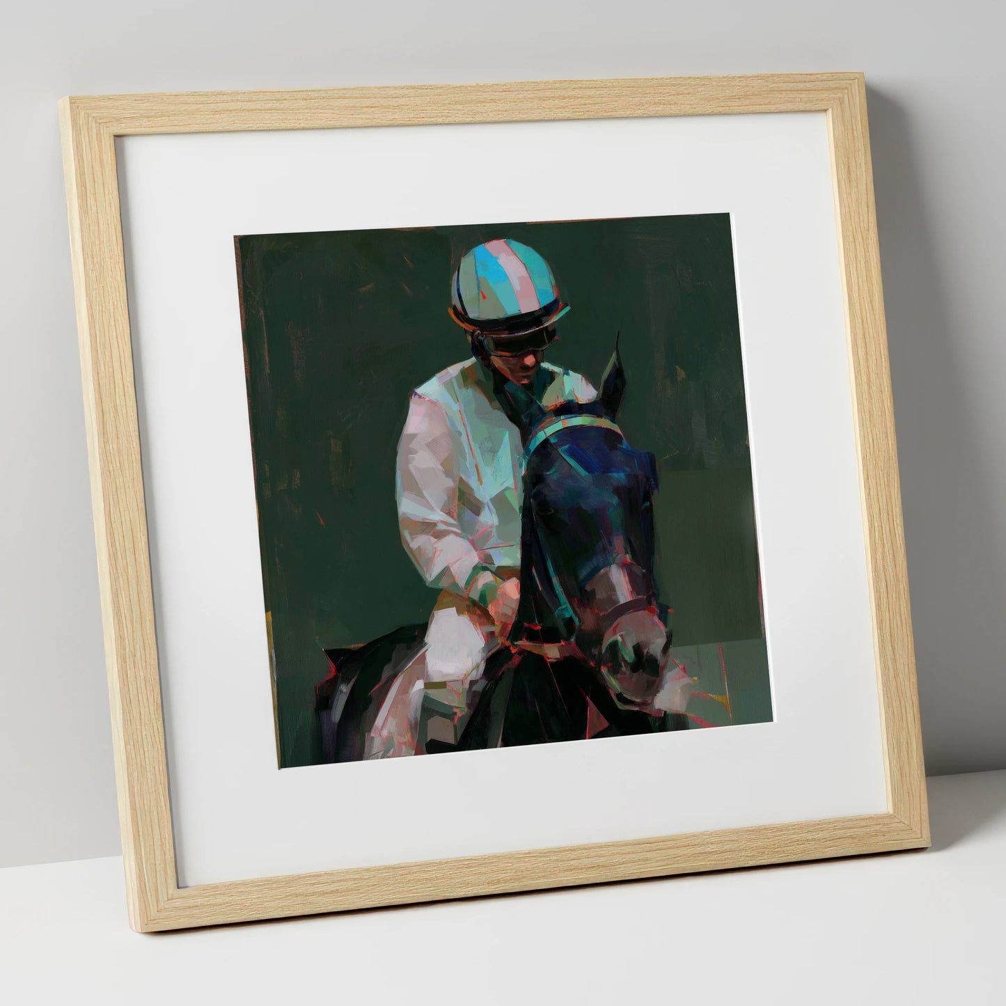 Pre-Race Focus racing horse art print in natural frame