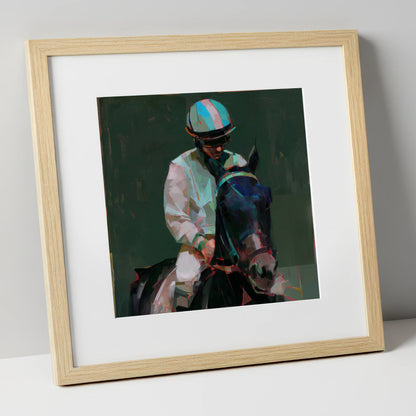 Pre-Race Focus racing horse art print in natural frame
