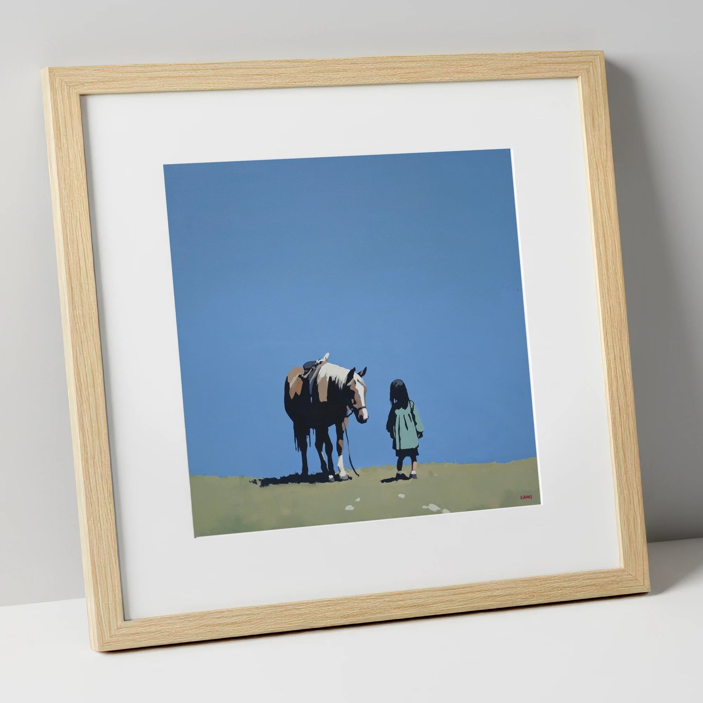 A Quiet Understanding horse & rider art print in natural frame