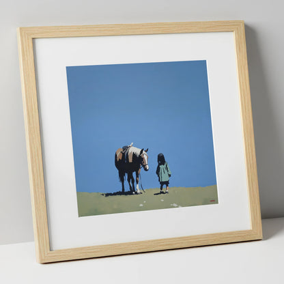 A Quiet Understanding horse & rider art print in natural frame