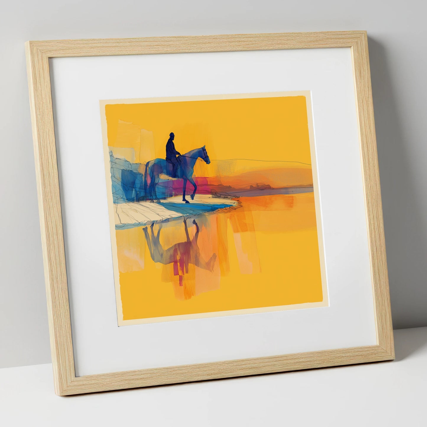 Golden Shoreline Traverse beach horse art print in natural frame