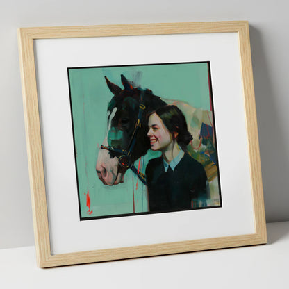 A Shared Understanding horse & rider art print in natural frame