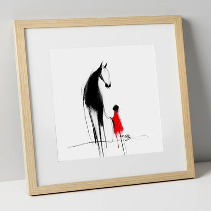 Crimson Connection horse & rider art print in natural frame