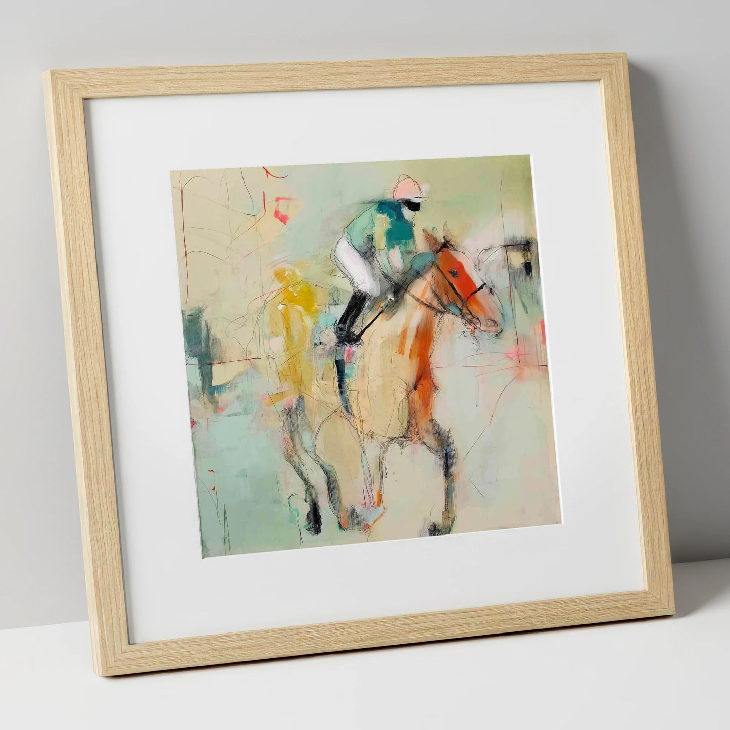 The Fleeting Stride racing horse art print in natural frame