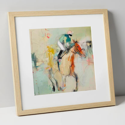 The Fleeting Stride racing horse art print in natural frame