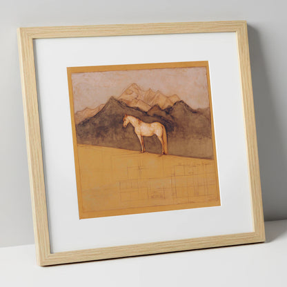 Mountain Sentinel horse landscape art print in natural frame