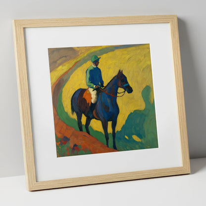 The Blue Thoroughbred racing horse art print in natural frame