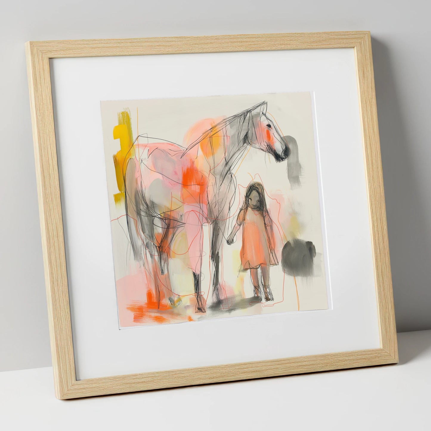 Vibrant First Bond horse & rider art print in natural frame