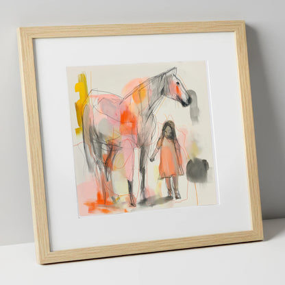 Vibrant First Bond horse & rider art print in natural frame
