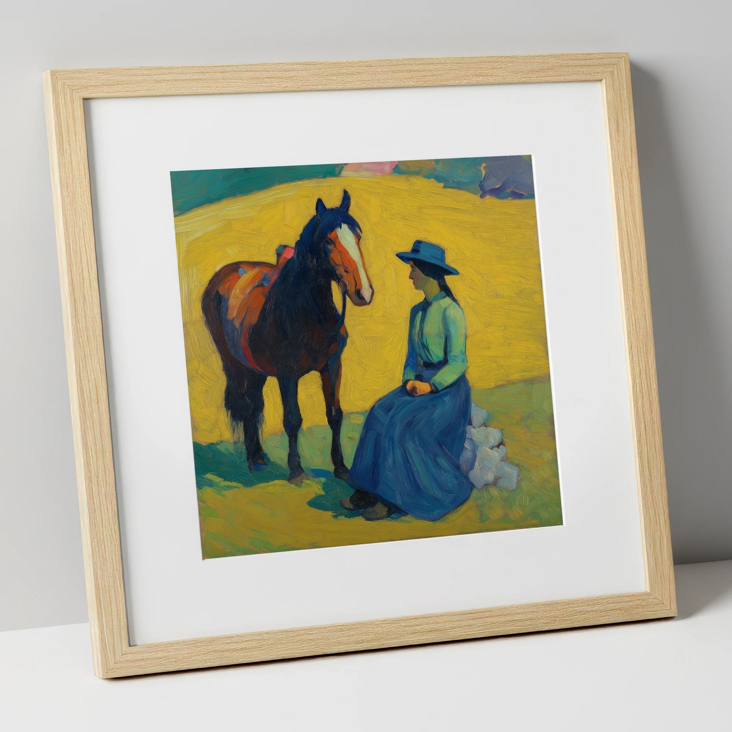The Radiant Exchange horse & rider art print in natural frame