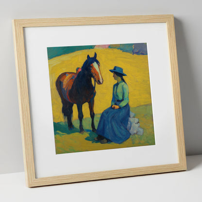 The Radiant Exchange horse & rider art print in natural frame