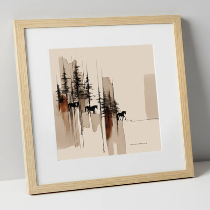 Wandering Through Pines horse landscape art print in natural frame