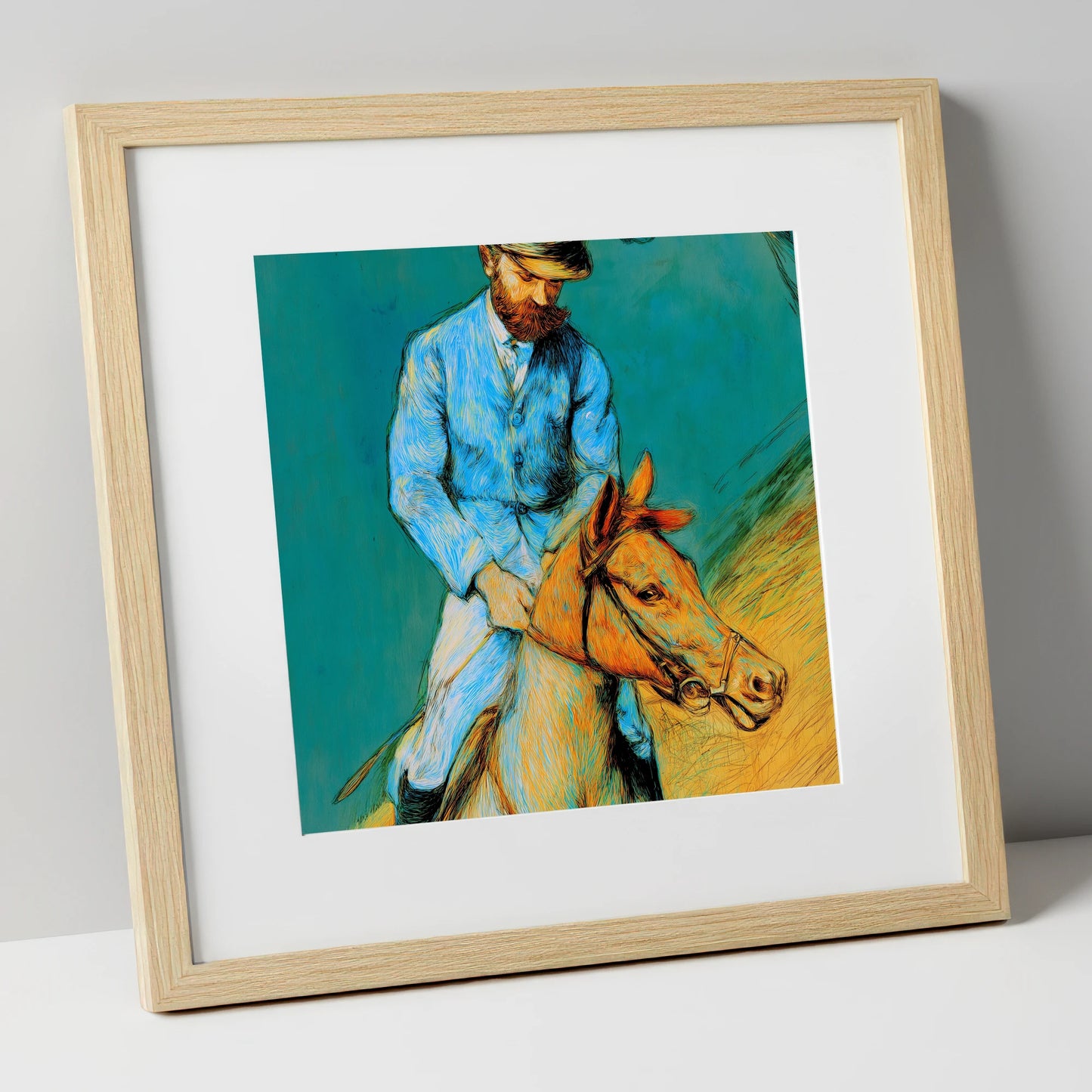 The Cerulean Rider racing horse art print in natural frame