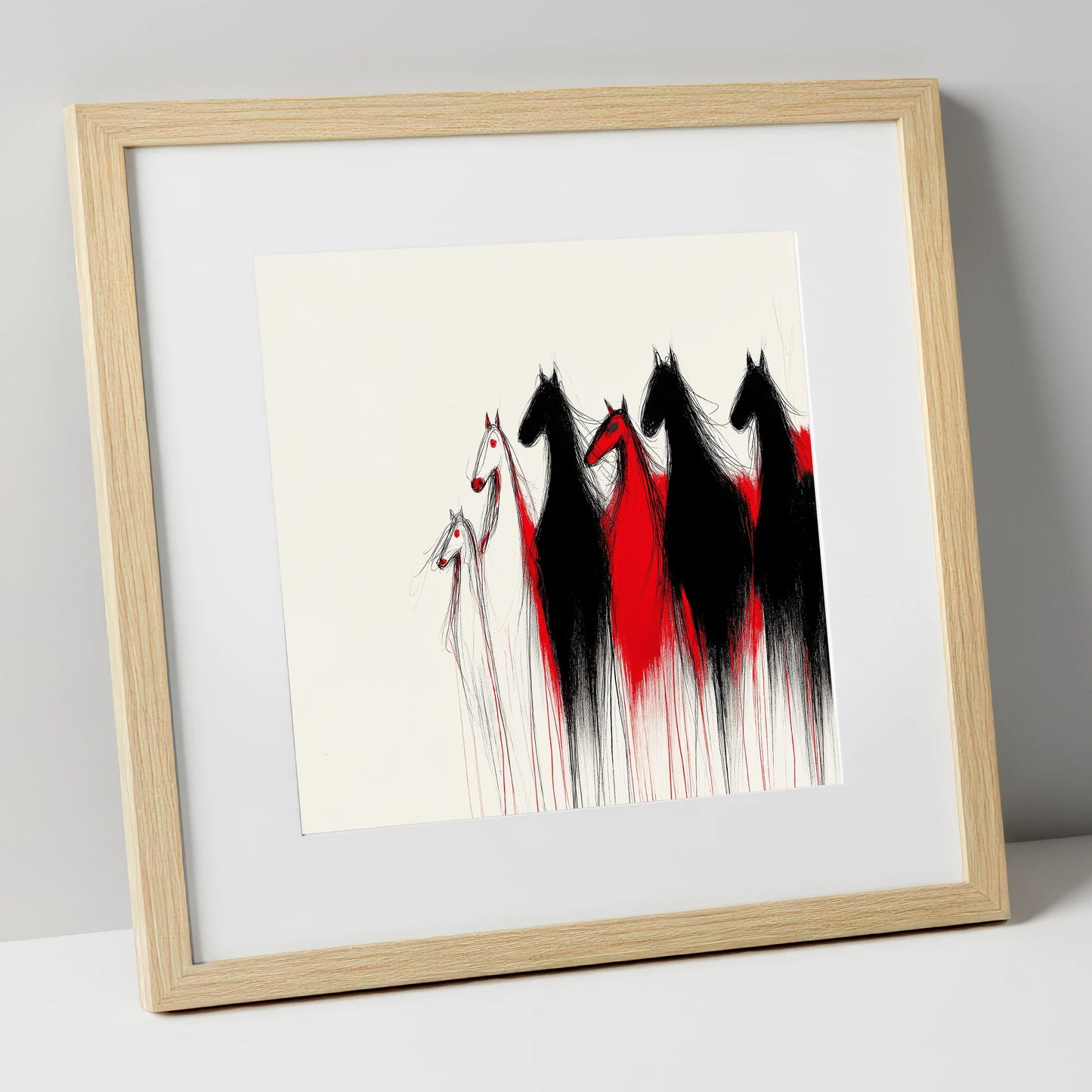Crimson Herd Silhouettes wild horses art print in natural frame
