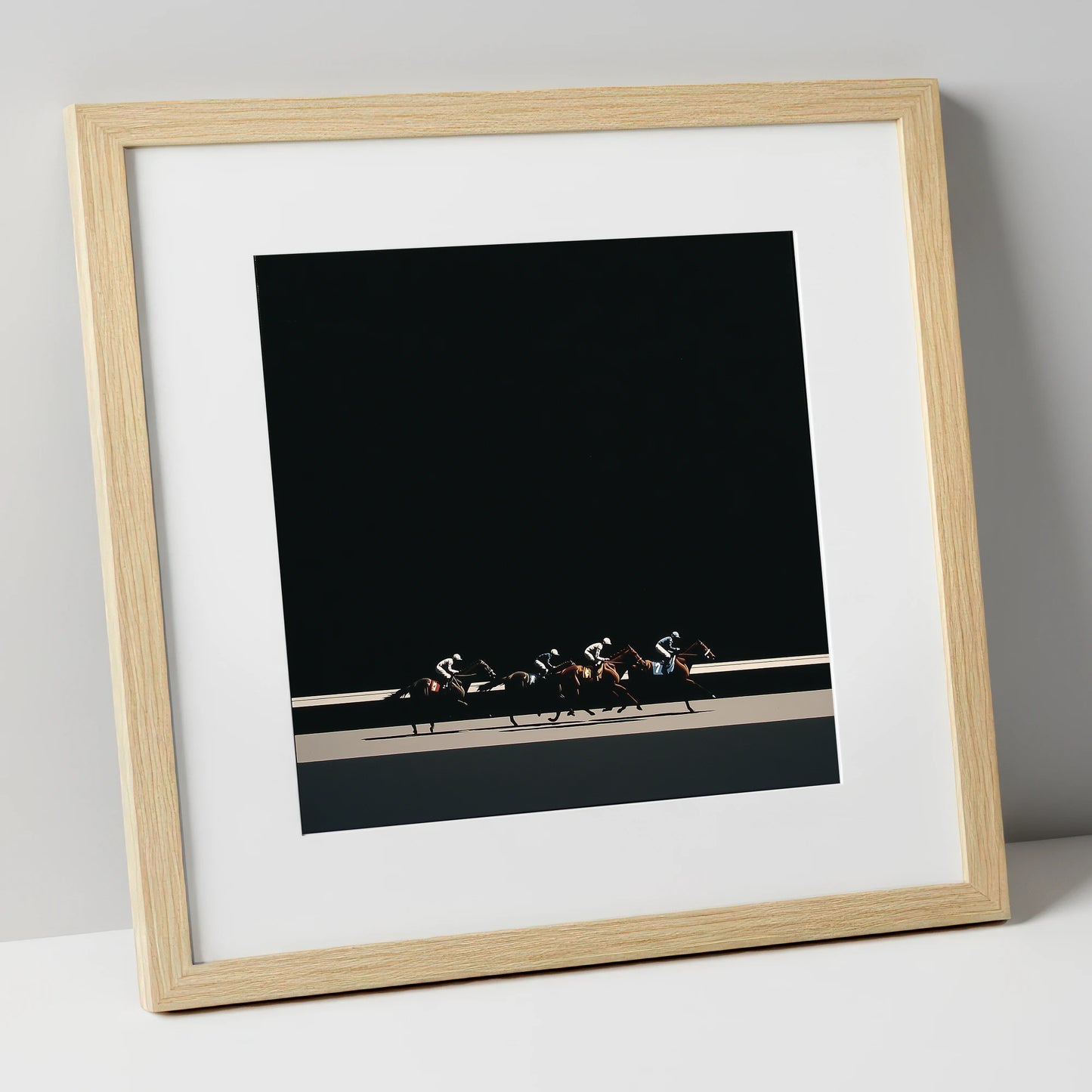 The Midnight Gallop racing horse art print in natural frame
