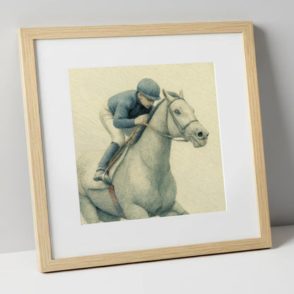 The Blue Silks racing horse art print in natural frame