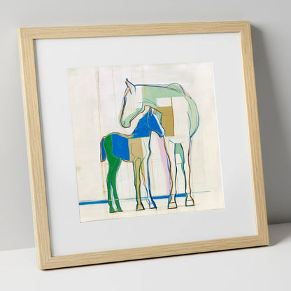 Modern Equine Kinship mare & foal art print in natural frame