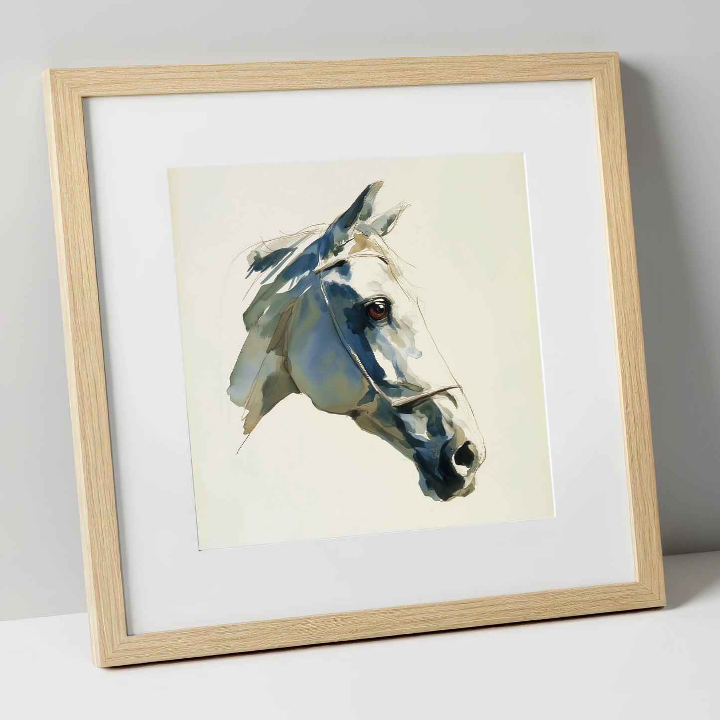 Sapphire Gaze in Indigo horse portrait art print in natural frame