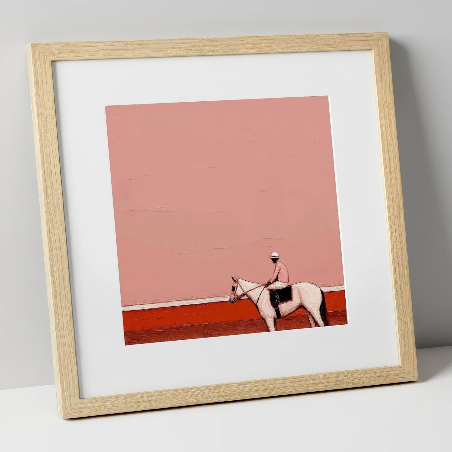 Dusty Rose Paddock racing horse art print in natural frame
