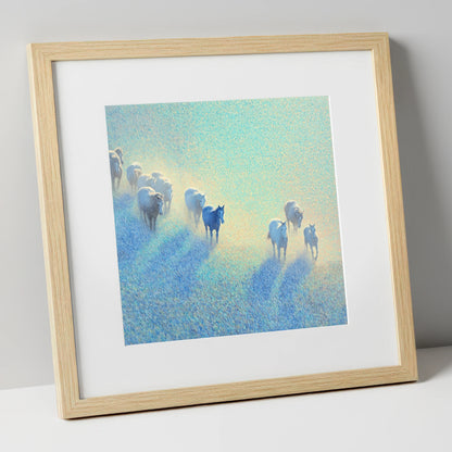 Ethereal Morning Herd wild horses art print in natural frame