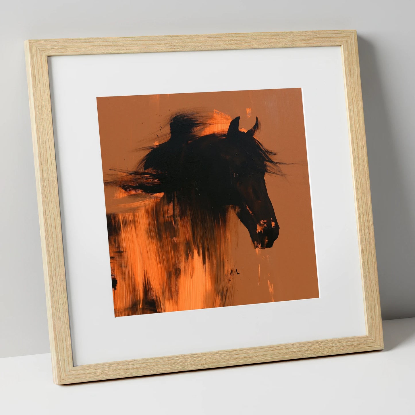 Black Horse Silhouette on Amber horse breed art print in natural frame