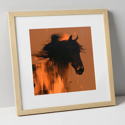 Black Horse Silhouette on Amber horse breed art print in natural frame