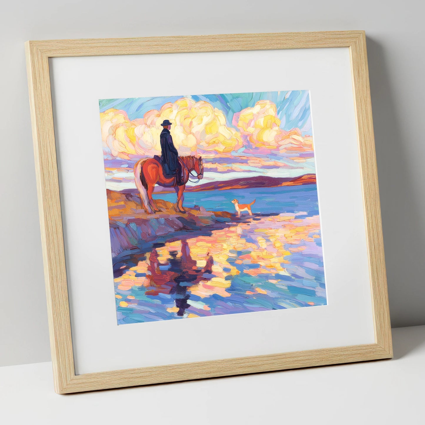 Evening Tide Halt beach horse art print in natural frame