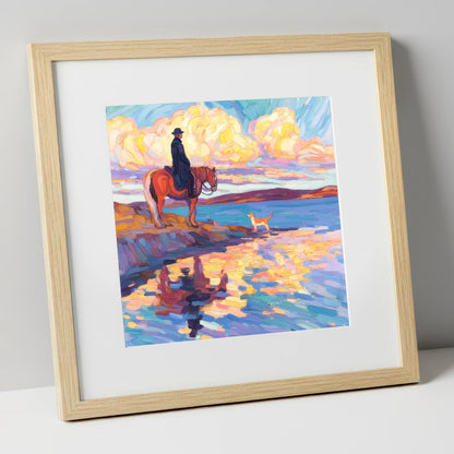 Evening Tide Halt beach horse art print in natural frame