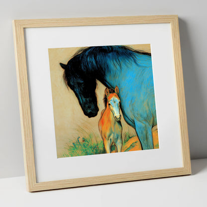 Vivid Devotion mare & foal art print in natural frame
