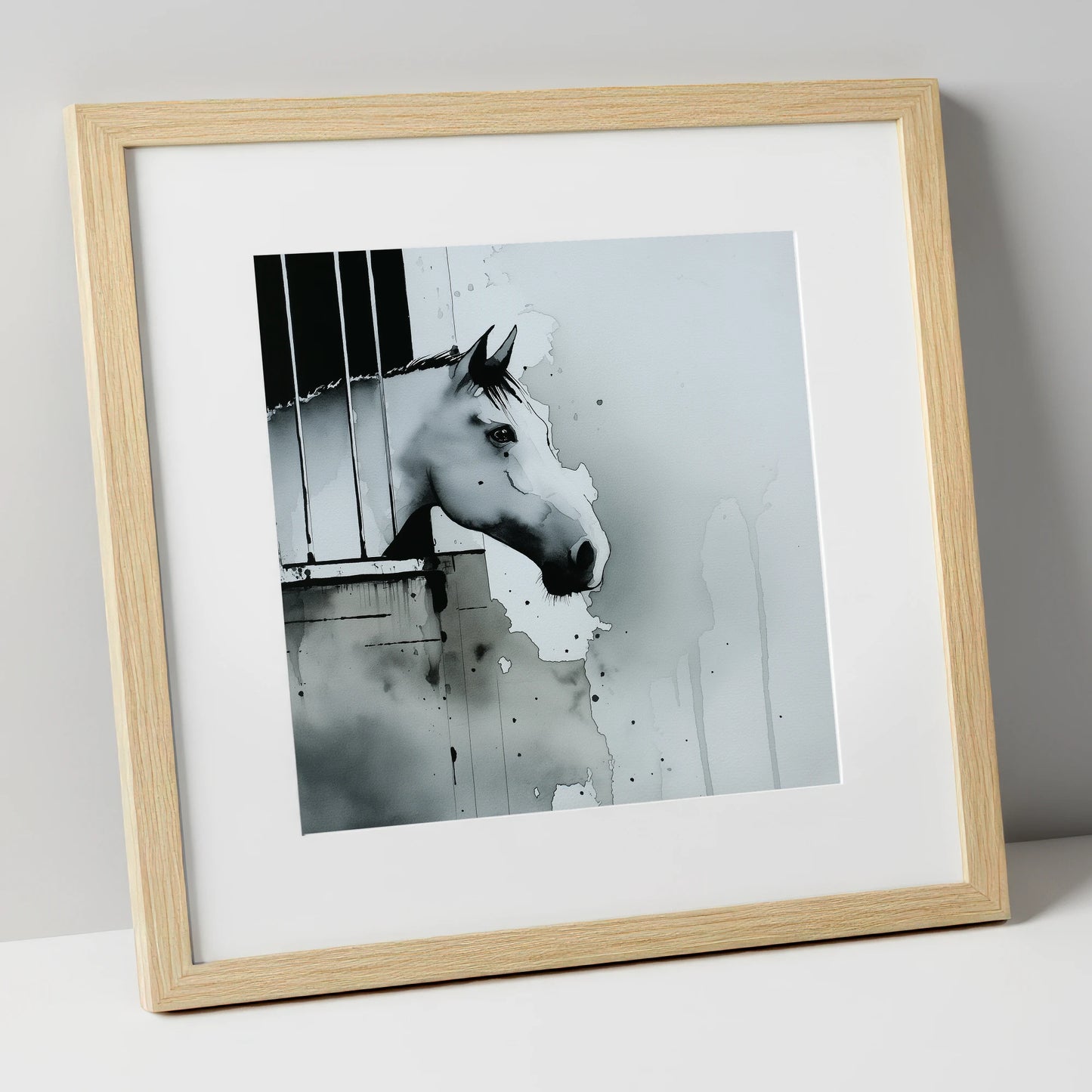 The Quiet Watcher horse stable art print in natural frame