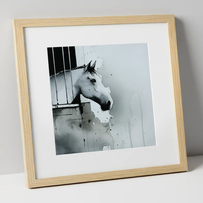 The Quiet Watcher horse stable art print in natural frame