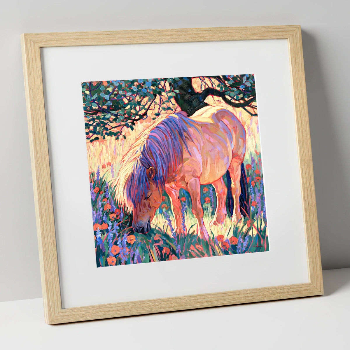 Vibrant Grazing Pony In Meadow horse breed art print in natural frame