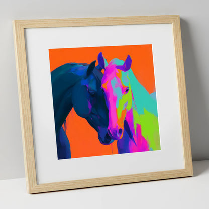 Vibrant Equine Embrace horse portrait art print in natural frame