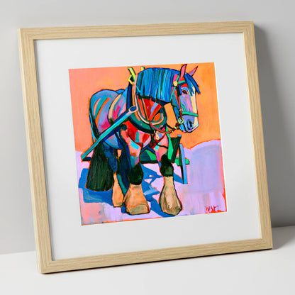 Vibrant Blue Heavy Horse horse breed art print in natural frame