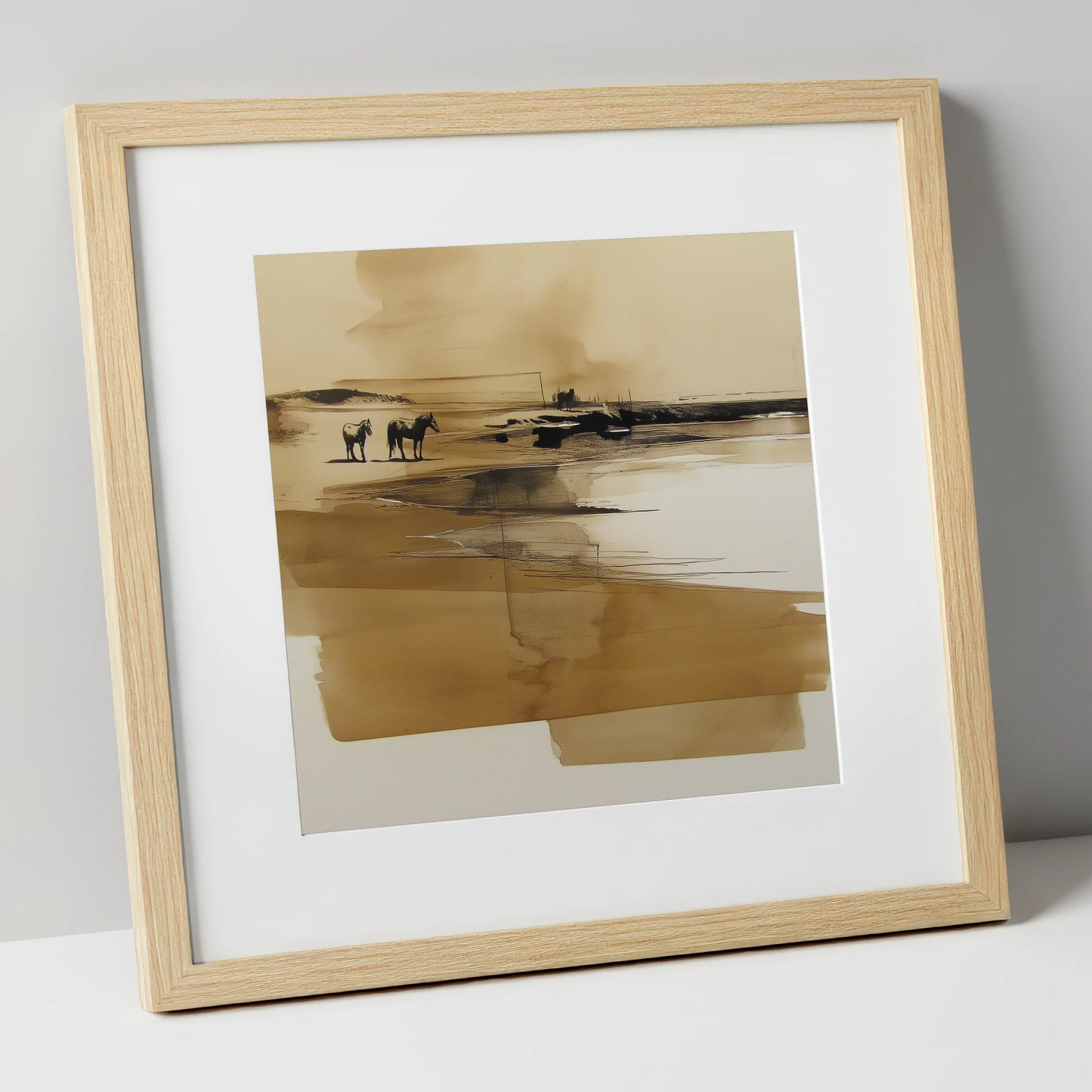 Sepia Shoreline Drift horse landscape art print in natural frame
