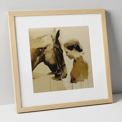 Unspoken Connection horse & rider art print in natural frame