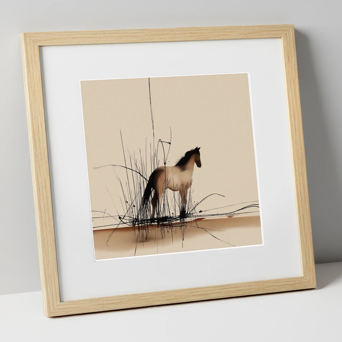 Sentinel of the Reeds wild horses art print in natural frame