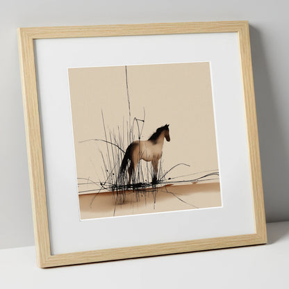 Sentinel of the Reeds wild horses art print in natural frame