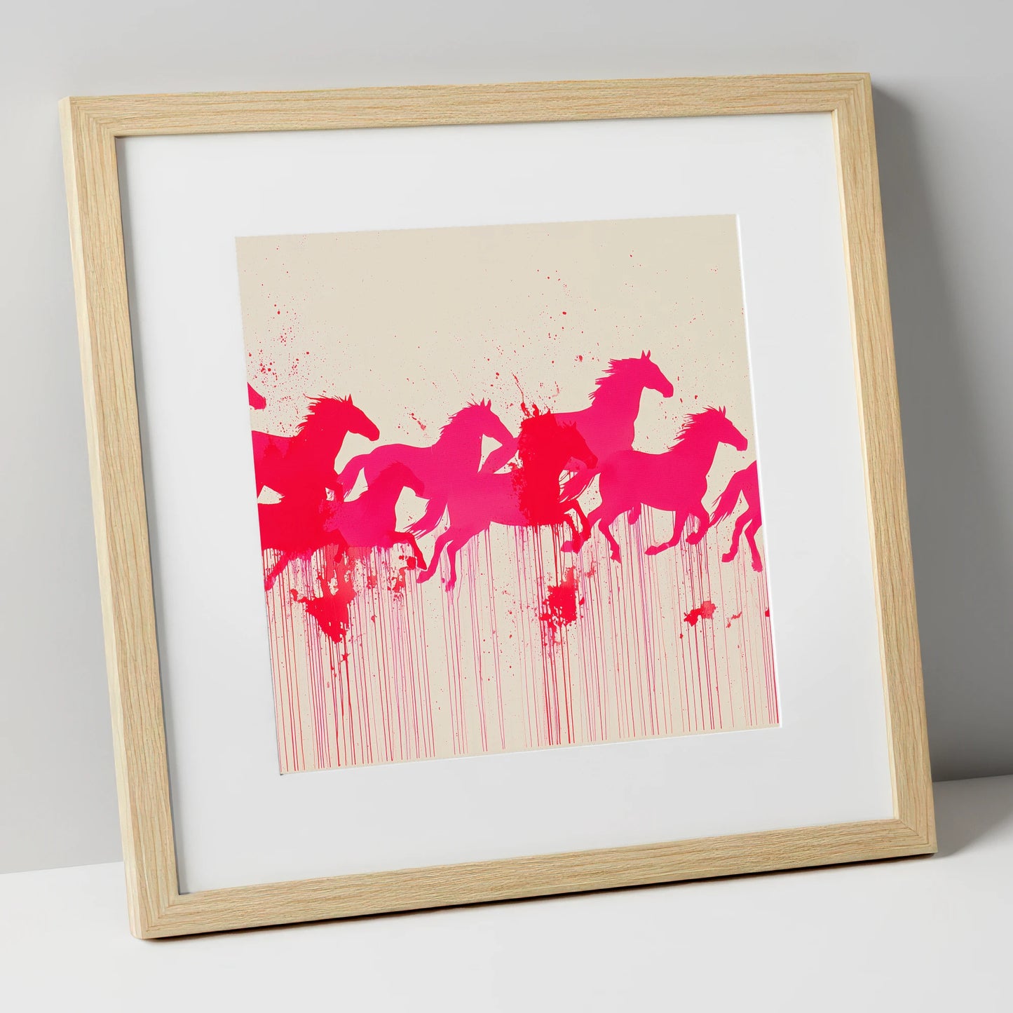 Vivid Magenta Herd wild horses art print in natural frame