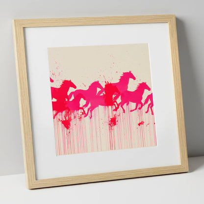 Vivid Magenta Herd wild horses art print in natural frame