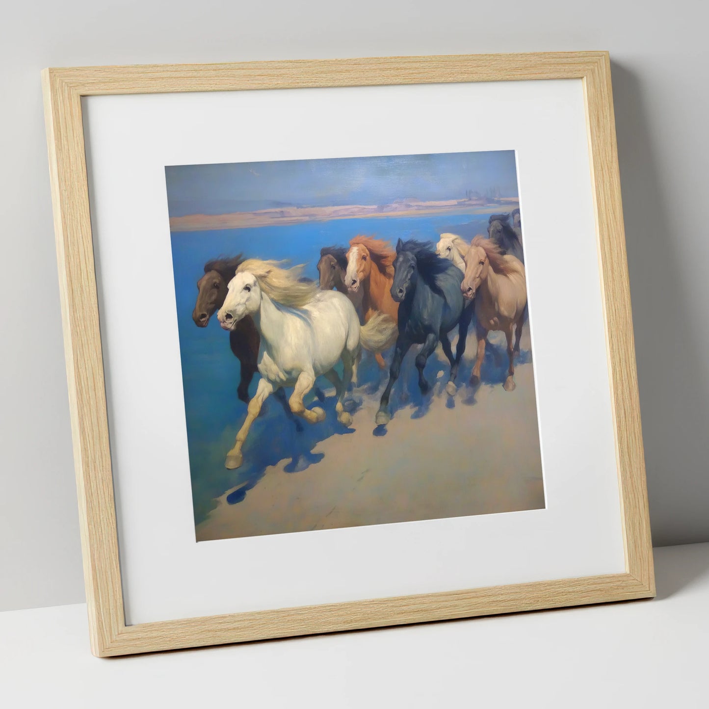 Azure Coastal Gallop wild horses art print in natural frame