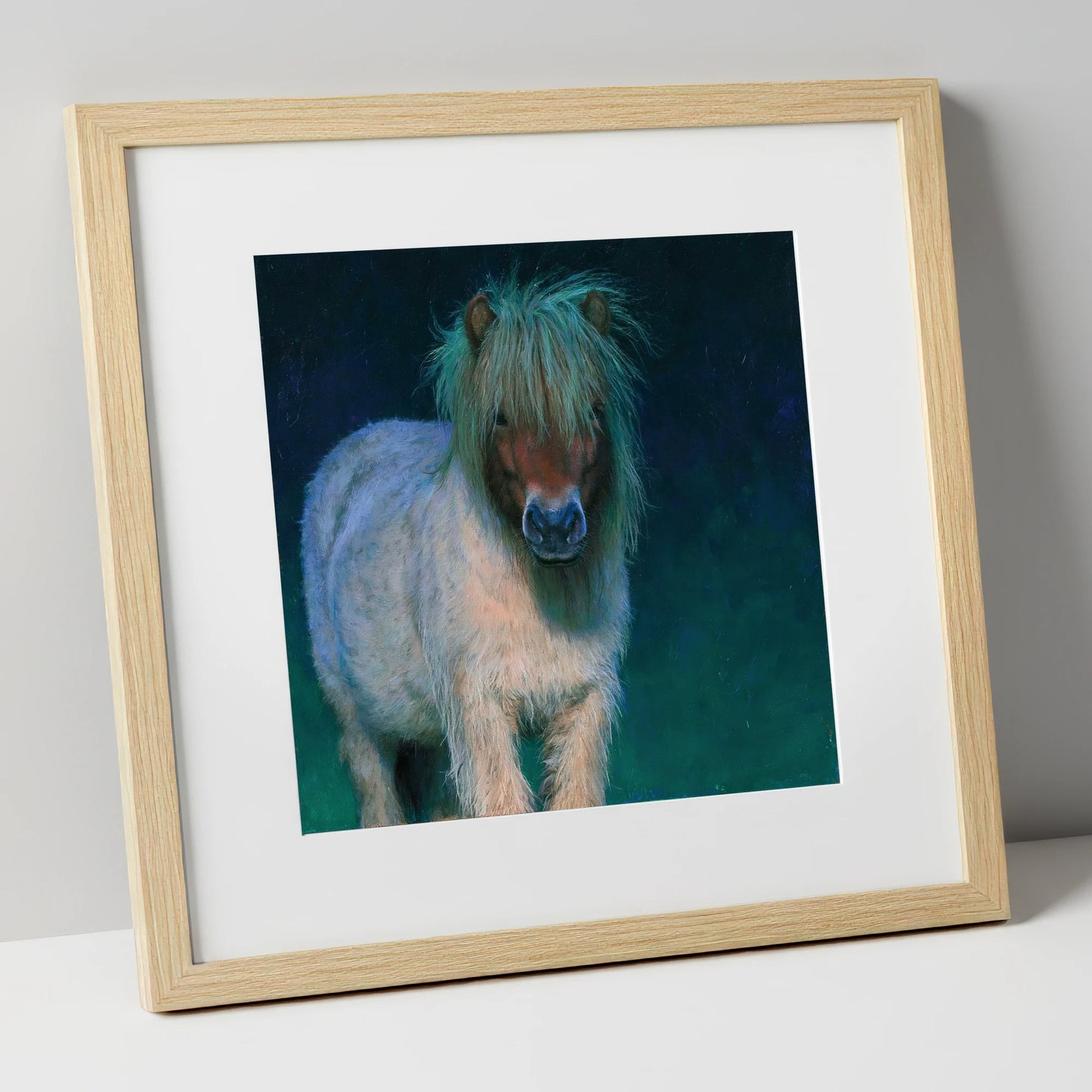 Shetland Pony in Moonlight horse breed art print in natural frame