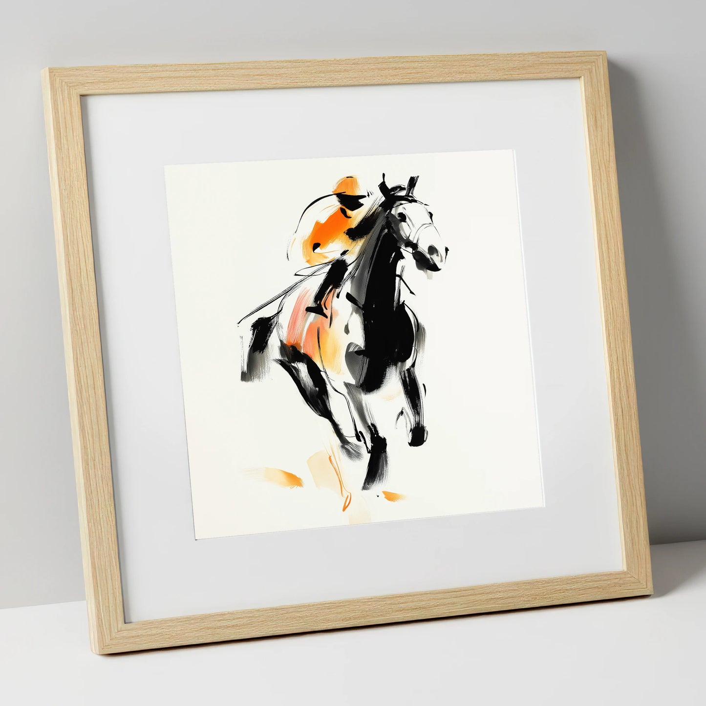 The Amber Sprint racing horse art print in natural frame