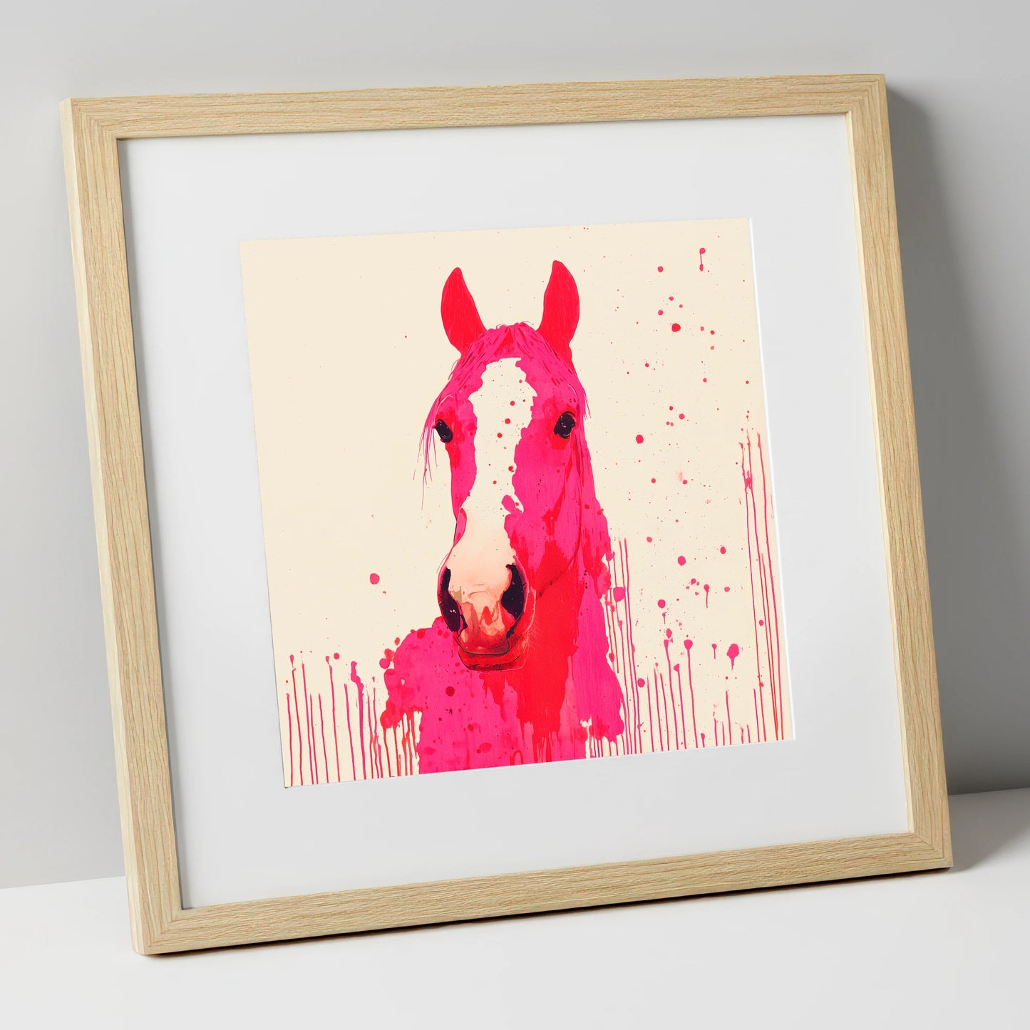 Vibrant Magenta Blaze horse portrait art print in natural frame